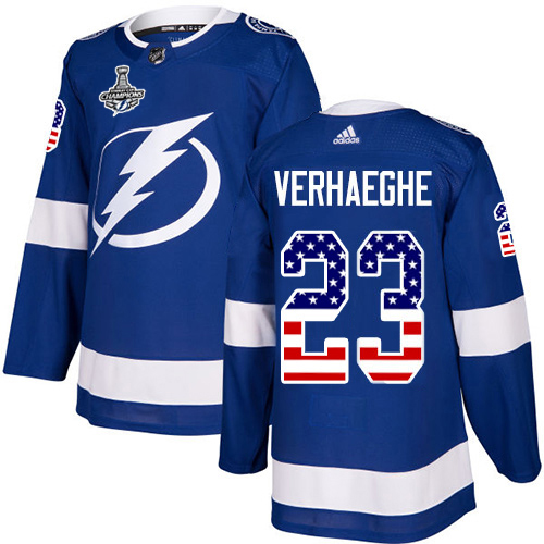 Adidas Tampa Bay Lightning Men #23 Carter Verhaeghe Blue Home Authentic USA Flag 2020 Stanley Cup Champions Stitched NHL Jersey